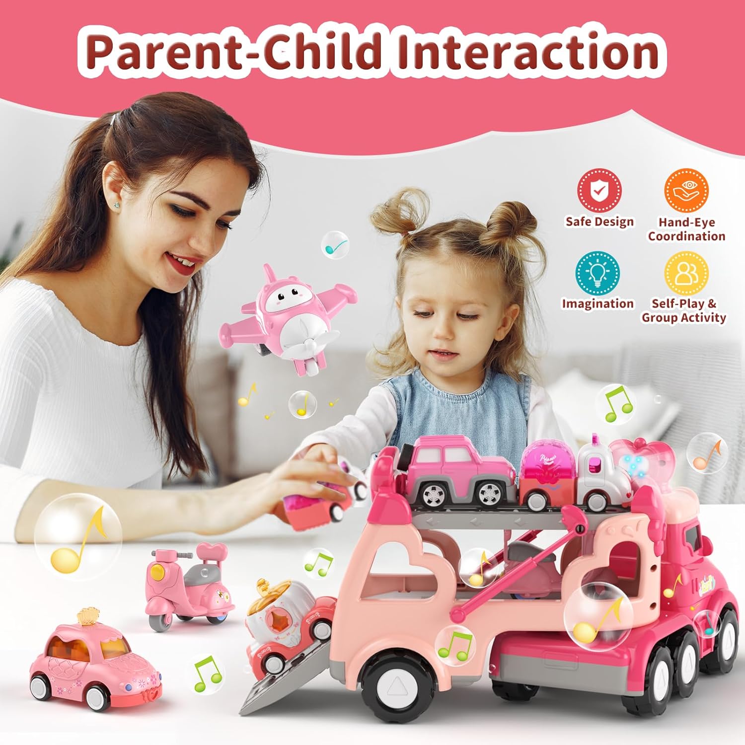 Toddler Girl Truck Toys for 2 3 Year Old Girl Birthday Gifts, 7-in-1 Pink Princess Car Transport Carrier Trucks for Toddlers 2-4, Friction Power Toy Cars with Lights & Music, My daughter First Gift